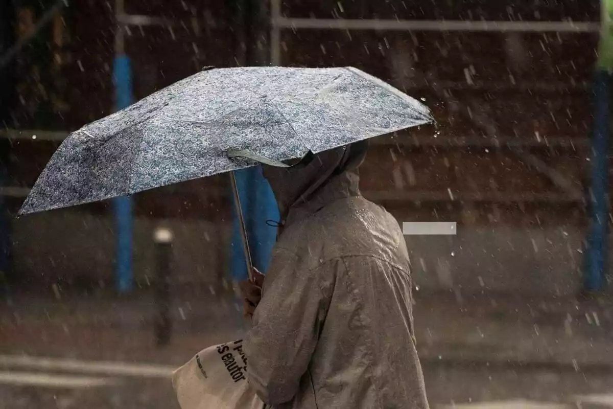 Mujer con un paraguas en la calle en medio de un temporal de lluvia