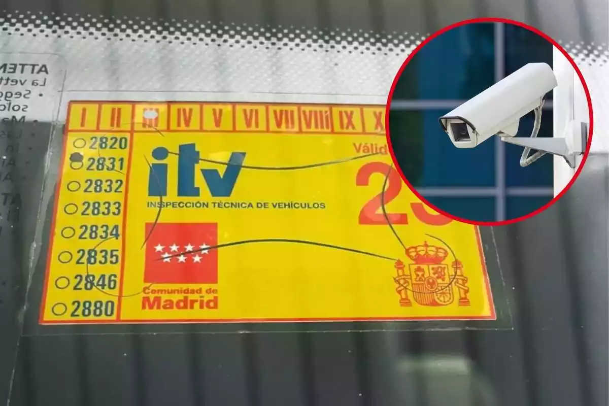 Pegatina amarilla de ITV y círculo rojo con cámara de seguridad