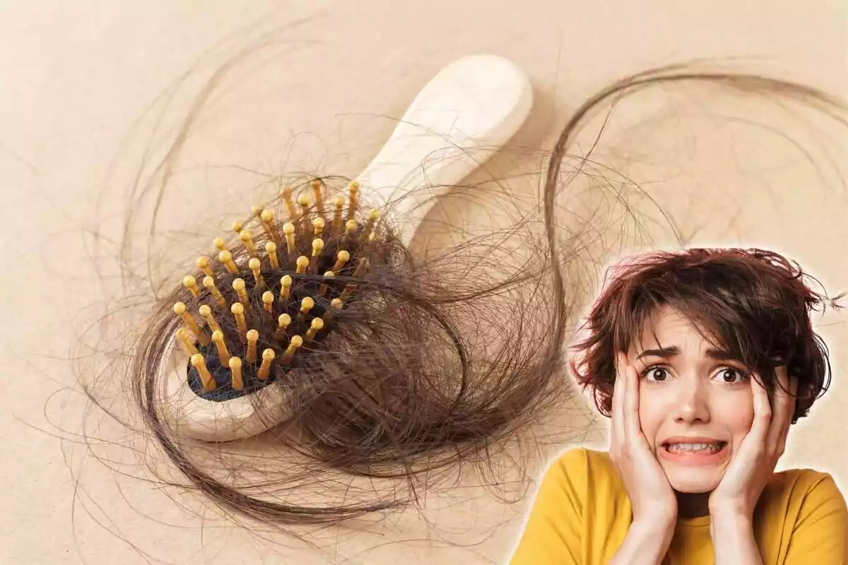 Mujer preocupada con la imagen de fondo de un cepillo lleno de pelo