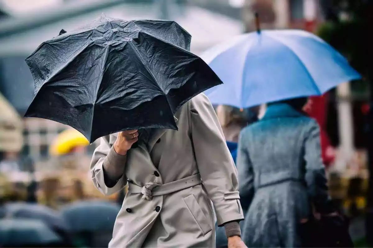 Persona sujetando un paraguas y caminando bajo la lluvia