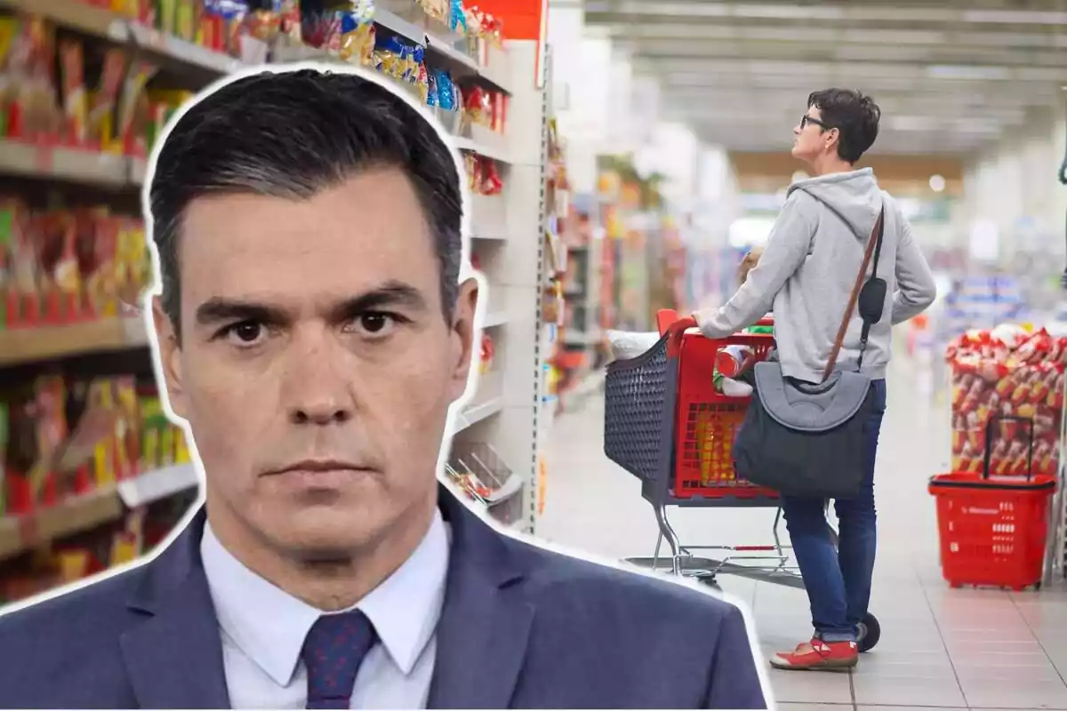 Montaje con una mujer en un supermercado llevando un carrito lleno de productos y la cara seria de Pedro Sánchez