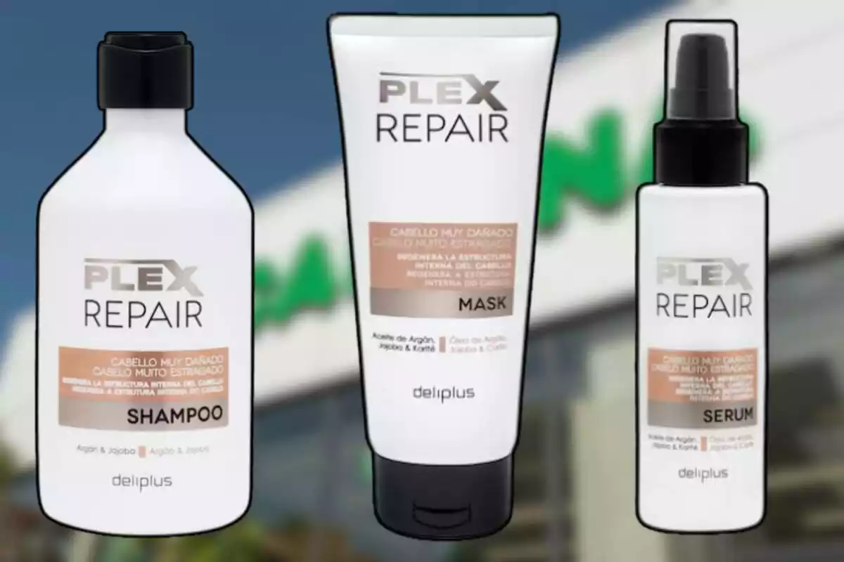 Imagen de fondo de una tienda Mercadona y en primer plano imagen de los productos de la gama Plex Repair, champú, mascarilla y sérum