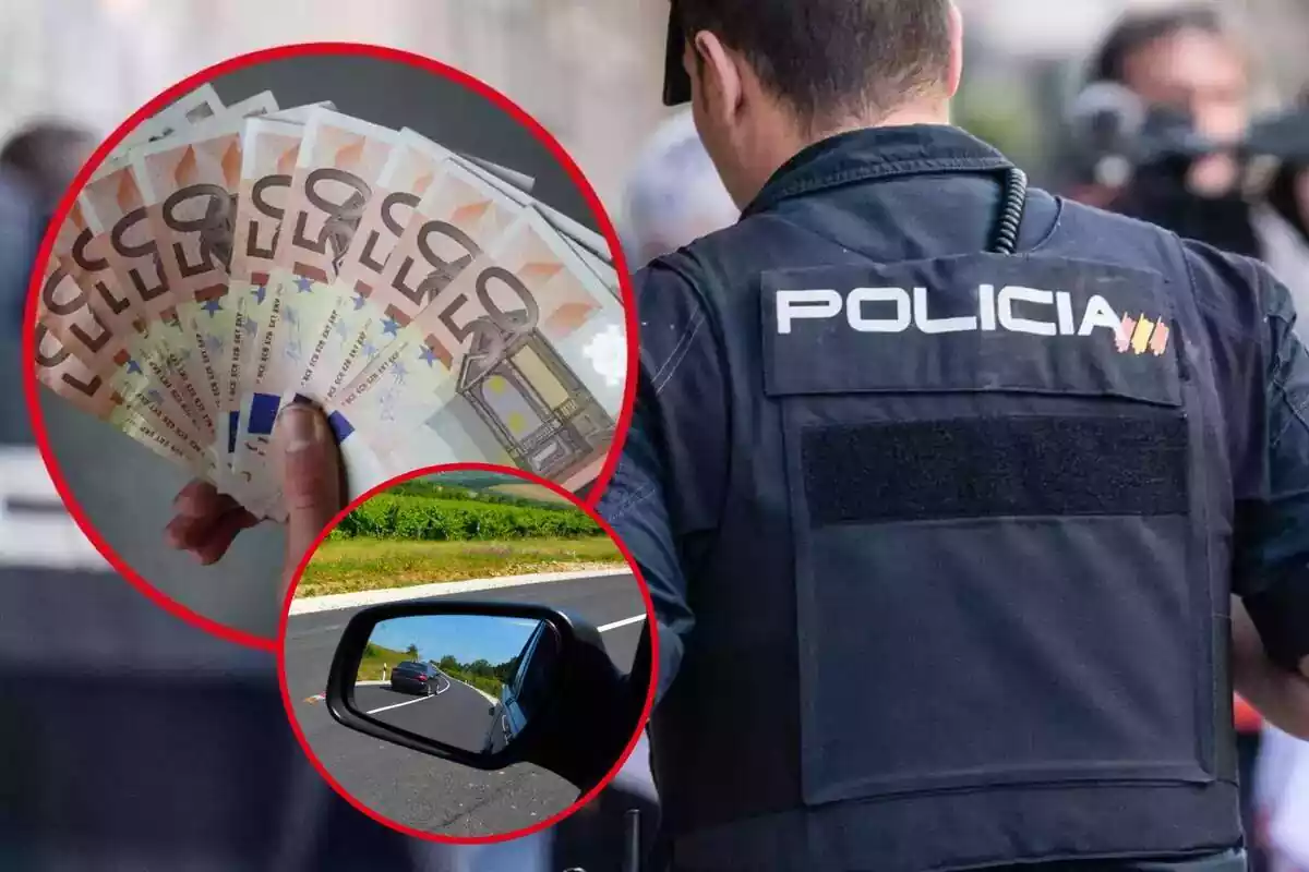 Montaje con una imagen de fondo de un policía y otra de una mano sujetando billetes de 50 euros y otra imagen de un retrovisor