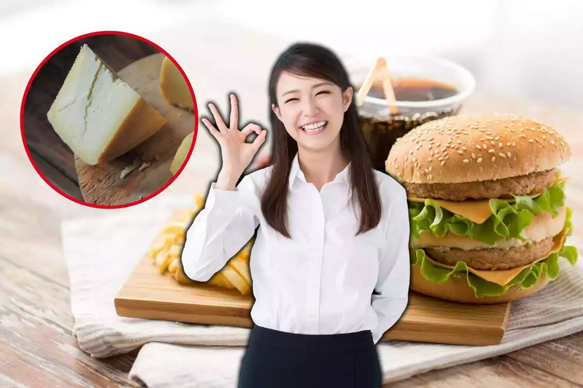 Montaje con hamburguesa, patatas fritas y bebida azucarada de fondo, con círculo rojo con trozo de queso y japonesa haciendo 'ok'
