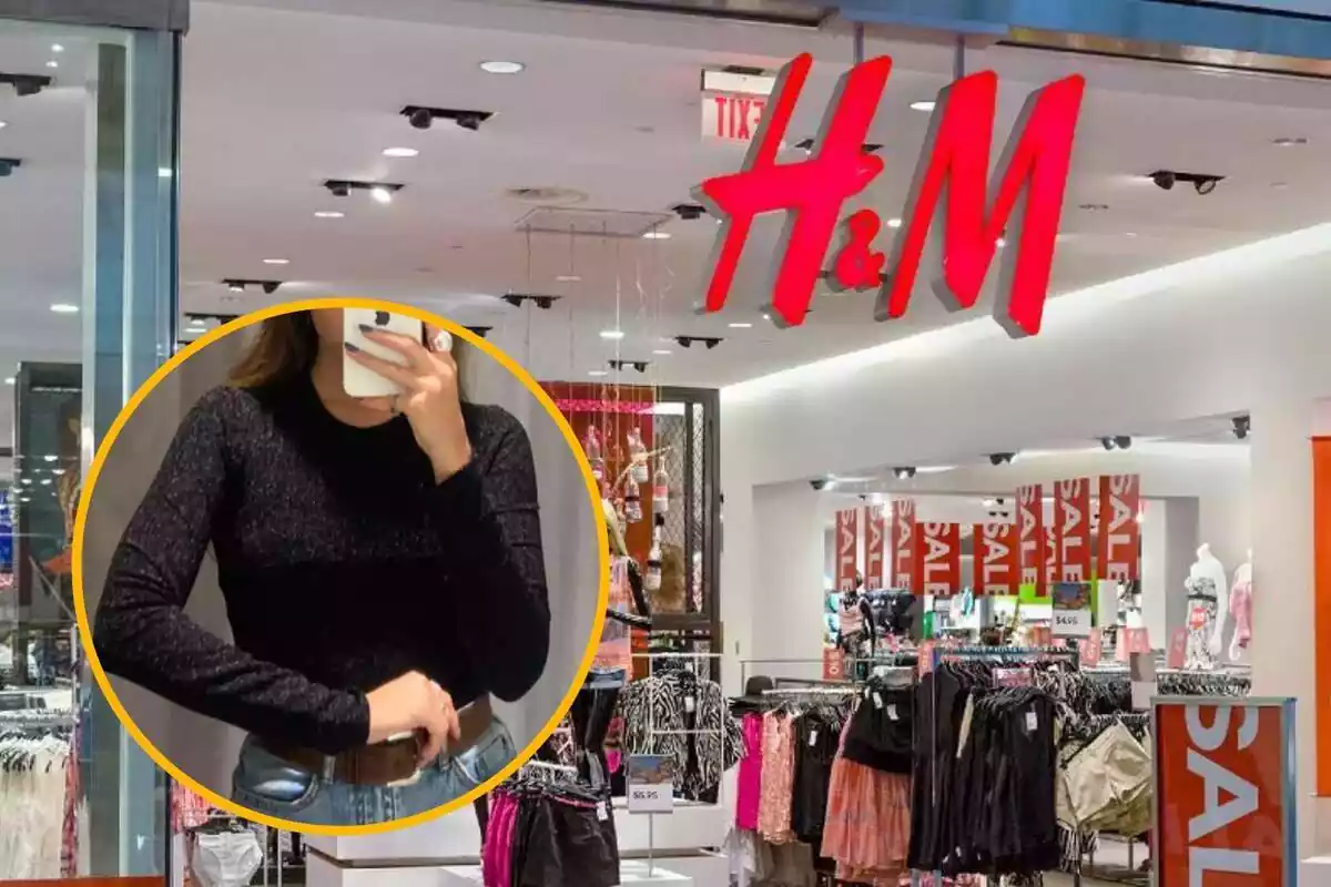 Montaje con tienda de H&M y círculo amarillo con chica con body negro brillante de punto de la misma marca