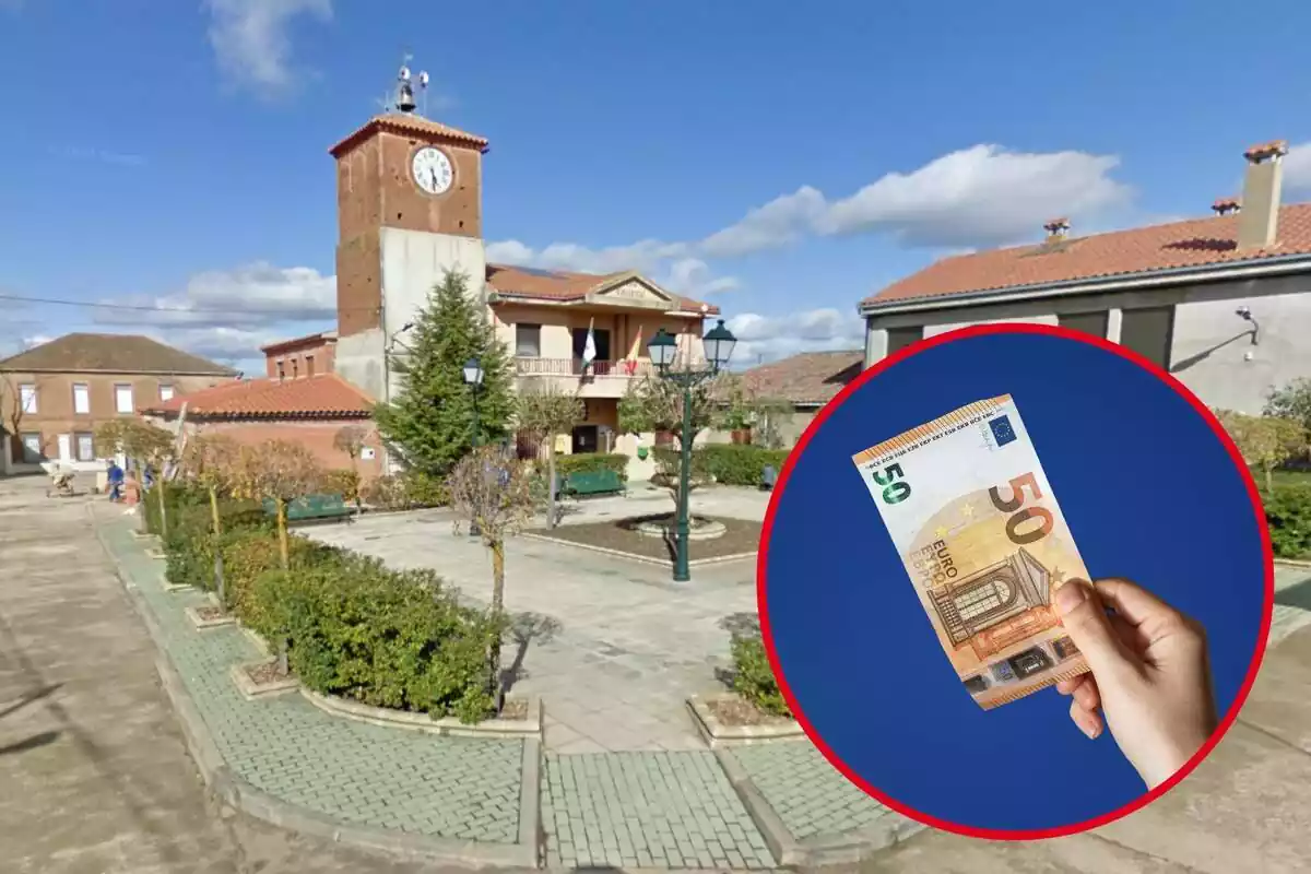 Ayuntamiento de Sepulcro Hilario con una foto destacada a la derecha de una mano con un billete de 50