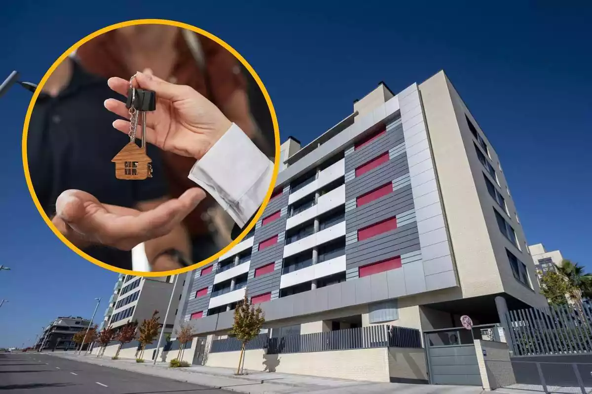 Montaje con bloque de pisos de fondo y círculo amarillo con persona entregando llaves de vivienda a otra