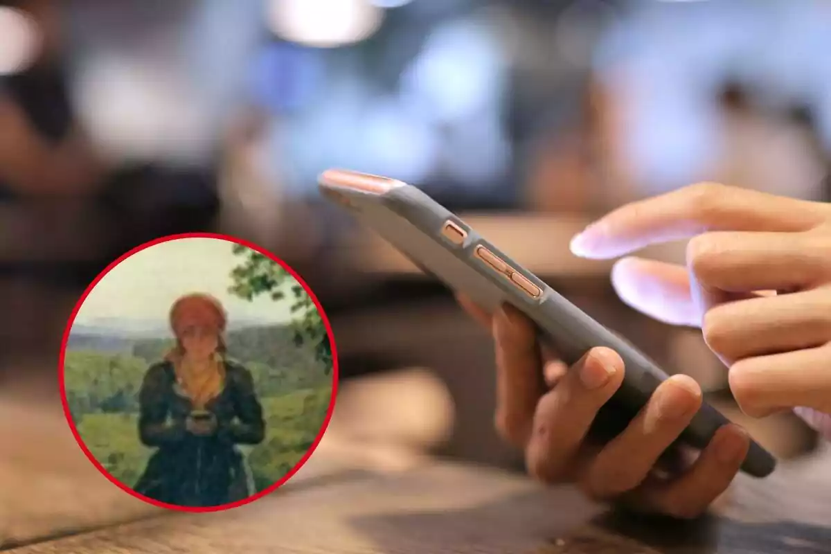 Montaje con persona sujetando un smartphone y círculo rojo con ampliación del cuadro 'La Esperada'