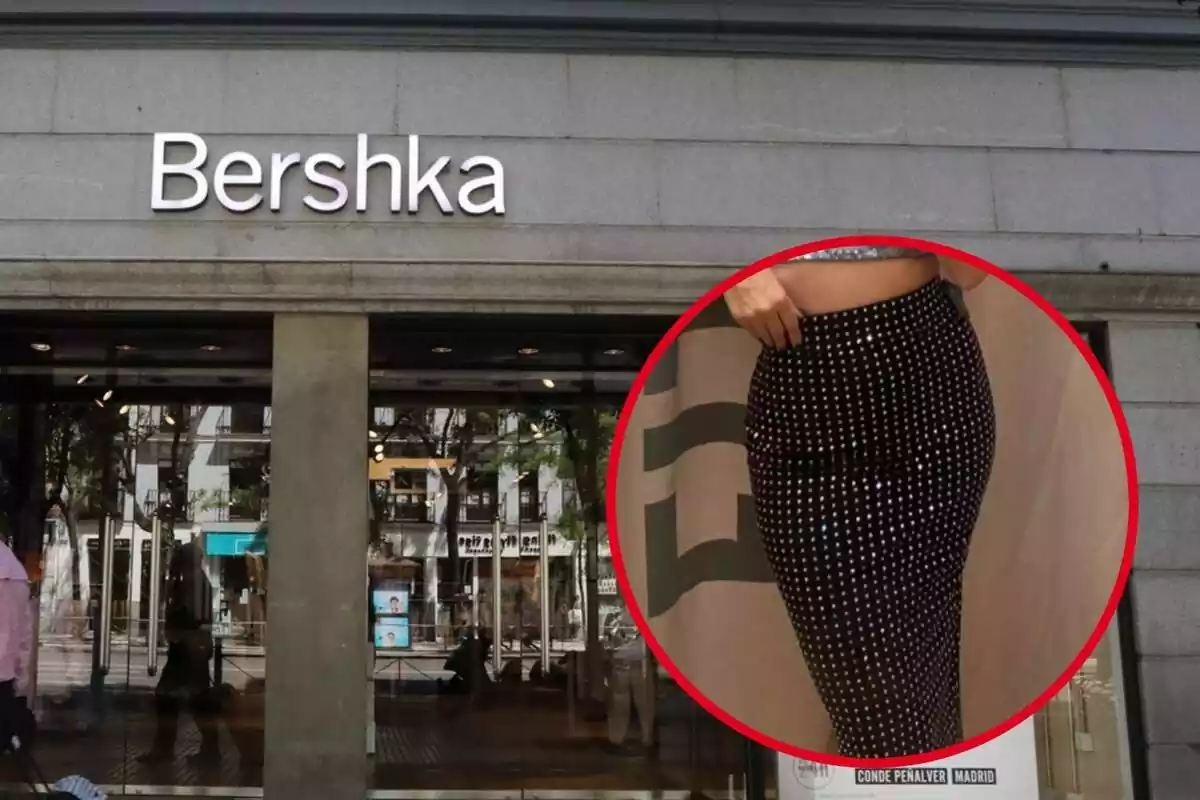 Montaje con tienda de Bershka y chica con falda midi tul strass de la marca