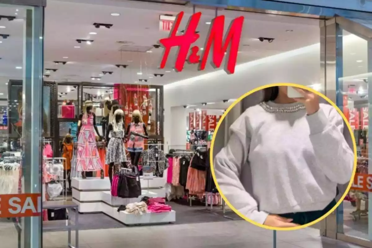 Montaje con tienda H&M y círculo amarillo con chica con sudadera con strass de la misma marca