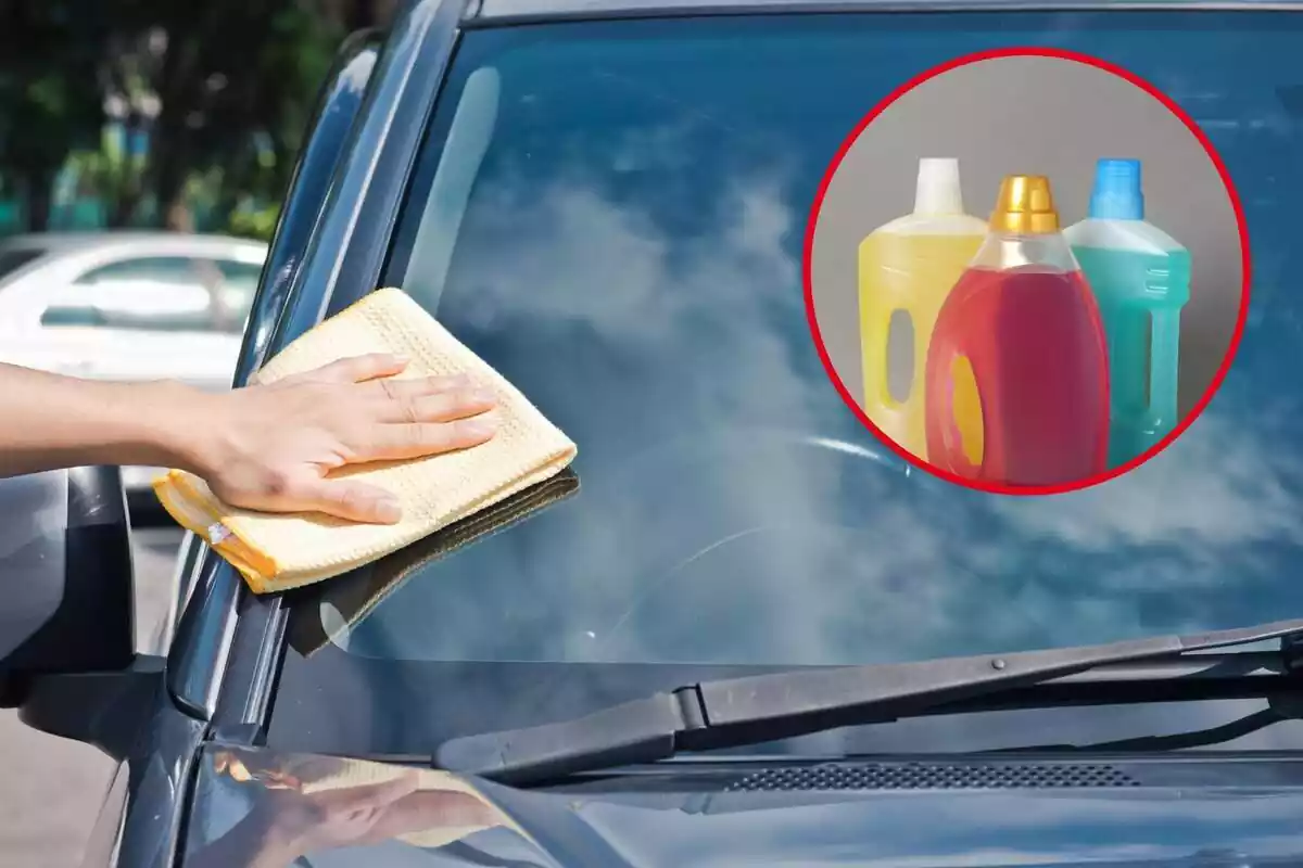 Montaje con persona limpiando la luna del coche con un trapo naranja y círculo rojo con 3 botes de distintos productos