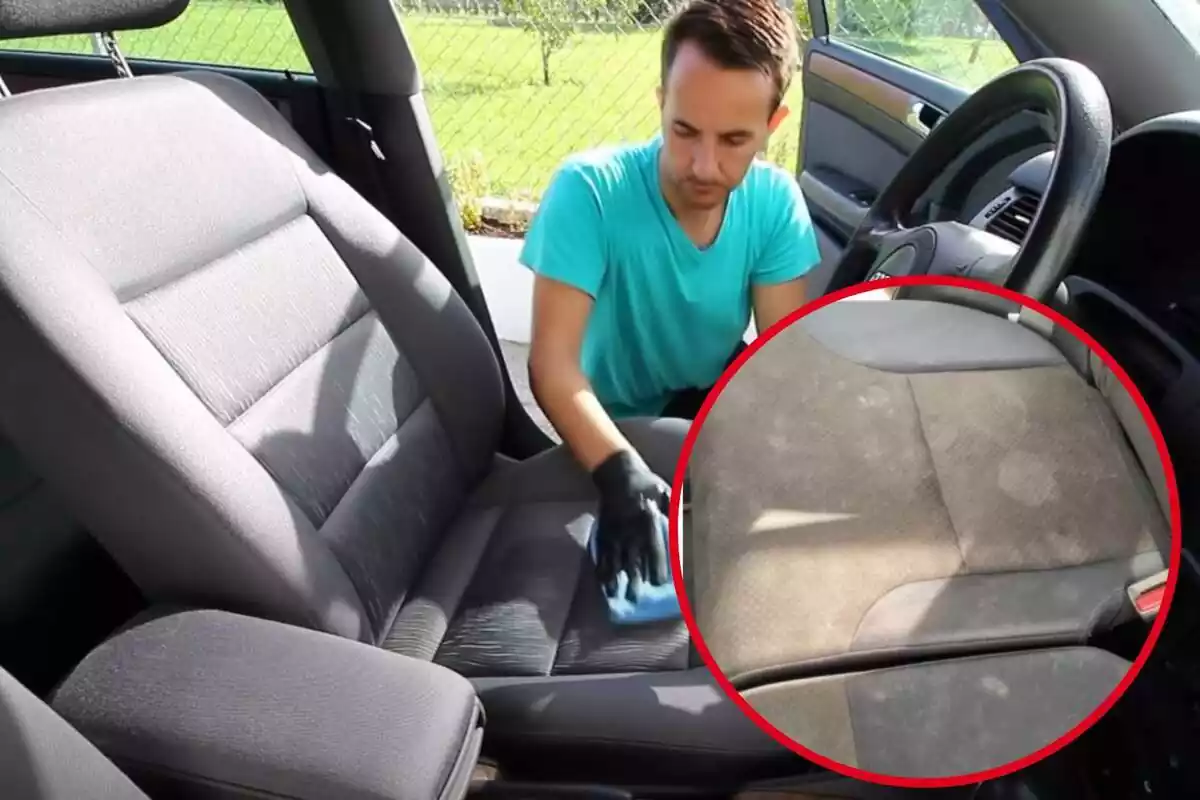 Montaje con hombre limpiando tapicería del coche y círculo rojo con asiento del coche sucio