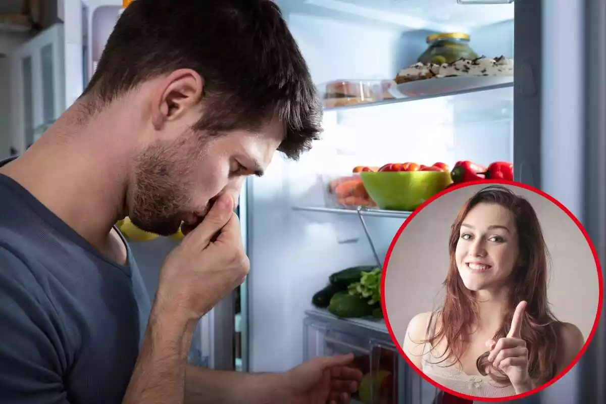 Hombre se tapa la nariz mientras huele la nevera abierta y foto destacada a la derecha de una mujer sonriendo y con el dedo índice hacia arriba