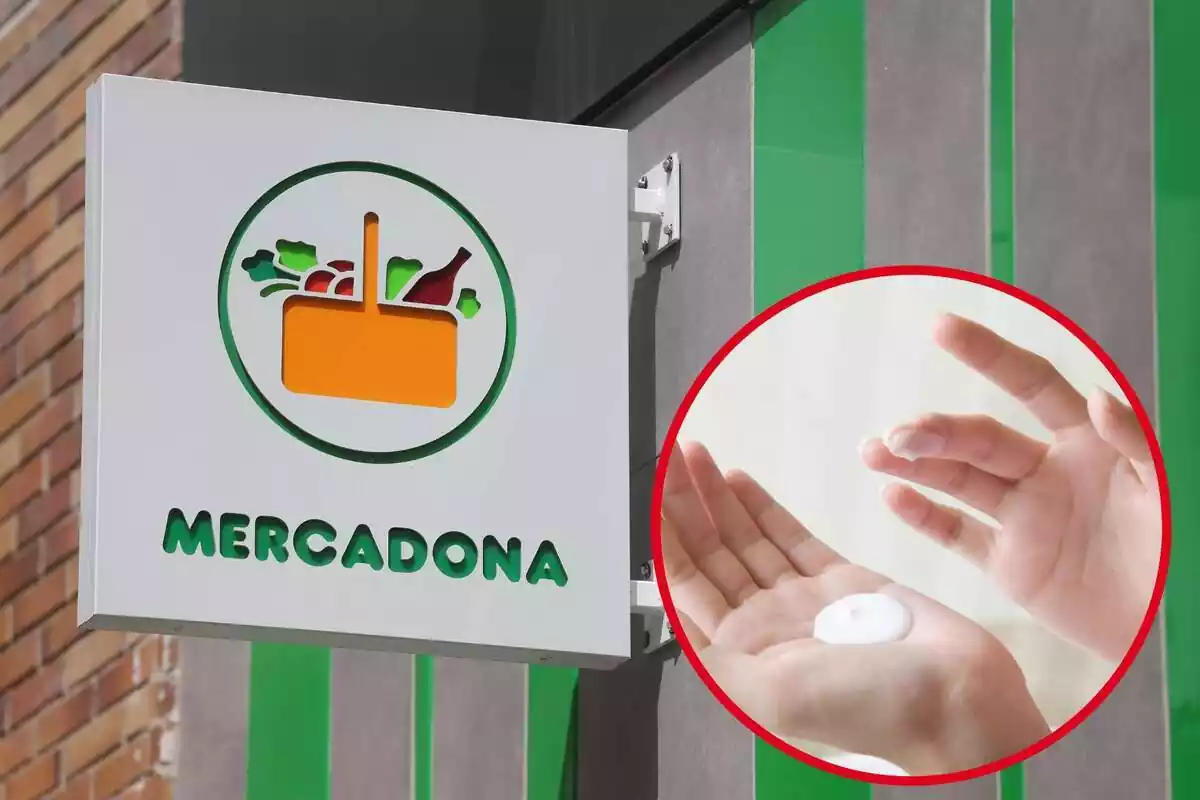 Imagen del cartel de un establecimiento de Mercadona con una imagen a la derecha de unas manos con crema hidratante
