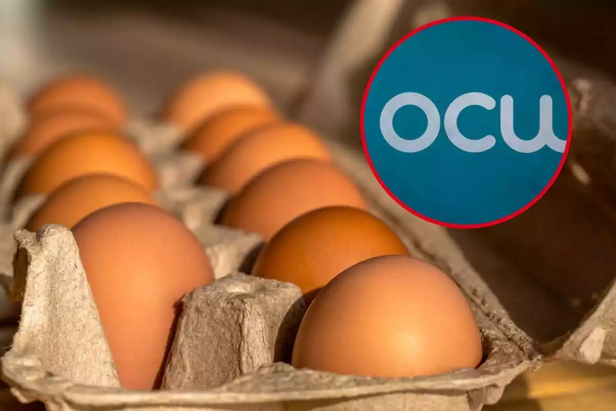 Montaje con conjunto de huevos y círculo rojo con logo de la OCU