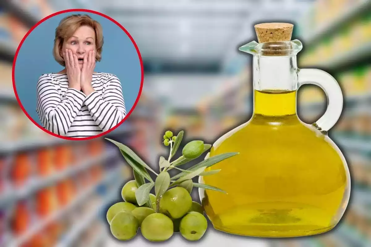 Aceitera repleta de aceite de oliva con el fondo difuminado de un supermercado acompañado de una foto destacada de una señora sorprendida