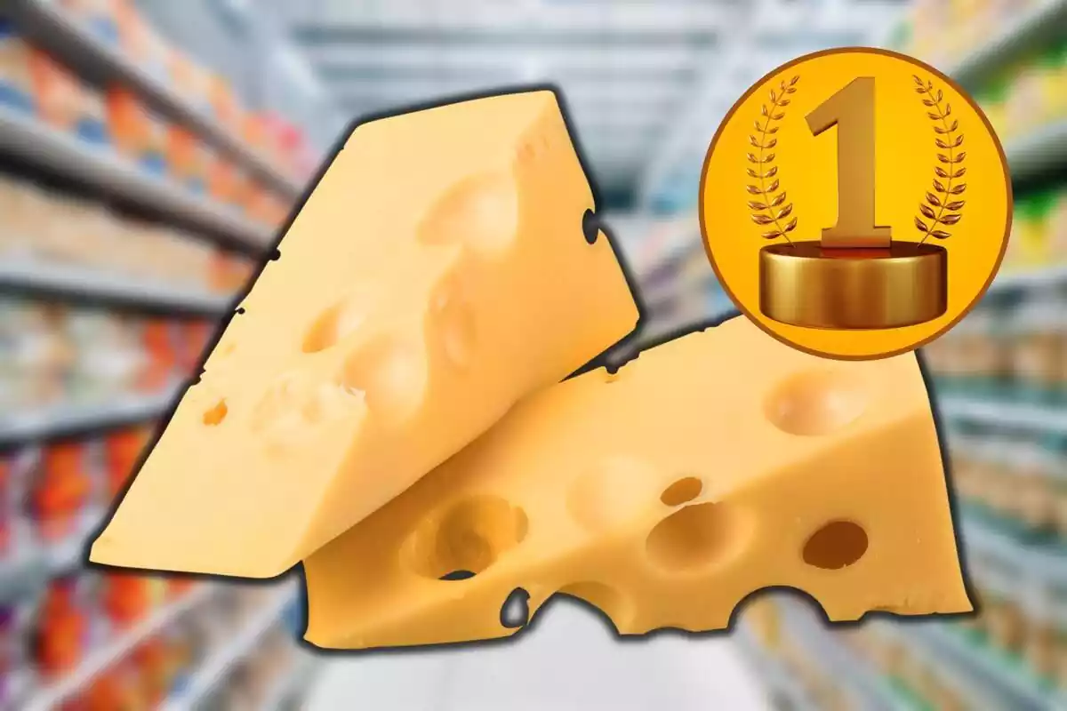 Dos cuñas de queso con el fondo difuminado de un supermercado y una foto destacada a la derecha con un trofeo con el número uno
