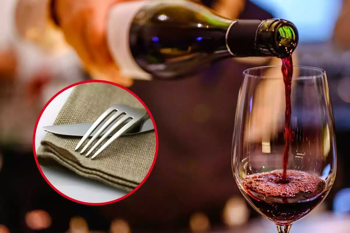 Montaje con persona llenando copa de vino y círculo rojo con tenedor y cuchillo