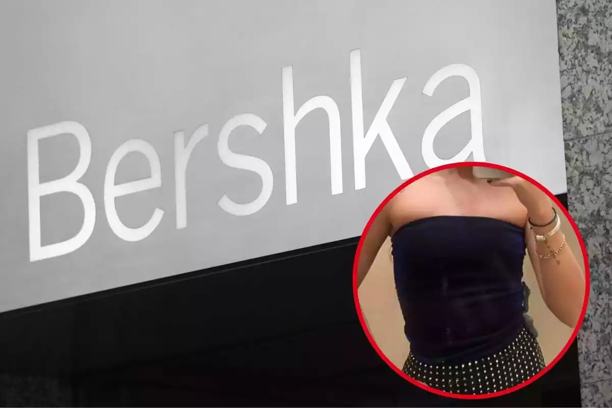 Montaje con tienda de Bershka y círculo rojo con chica con top azul de la marca
