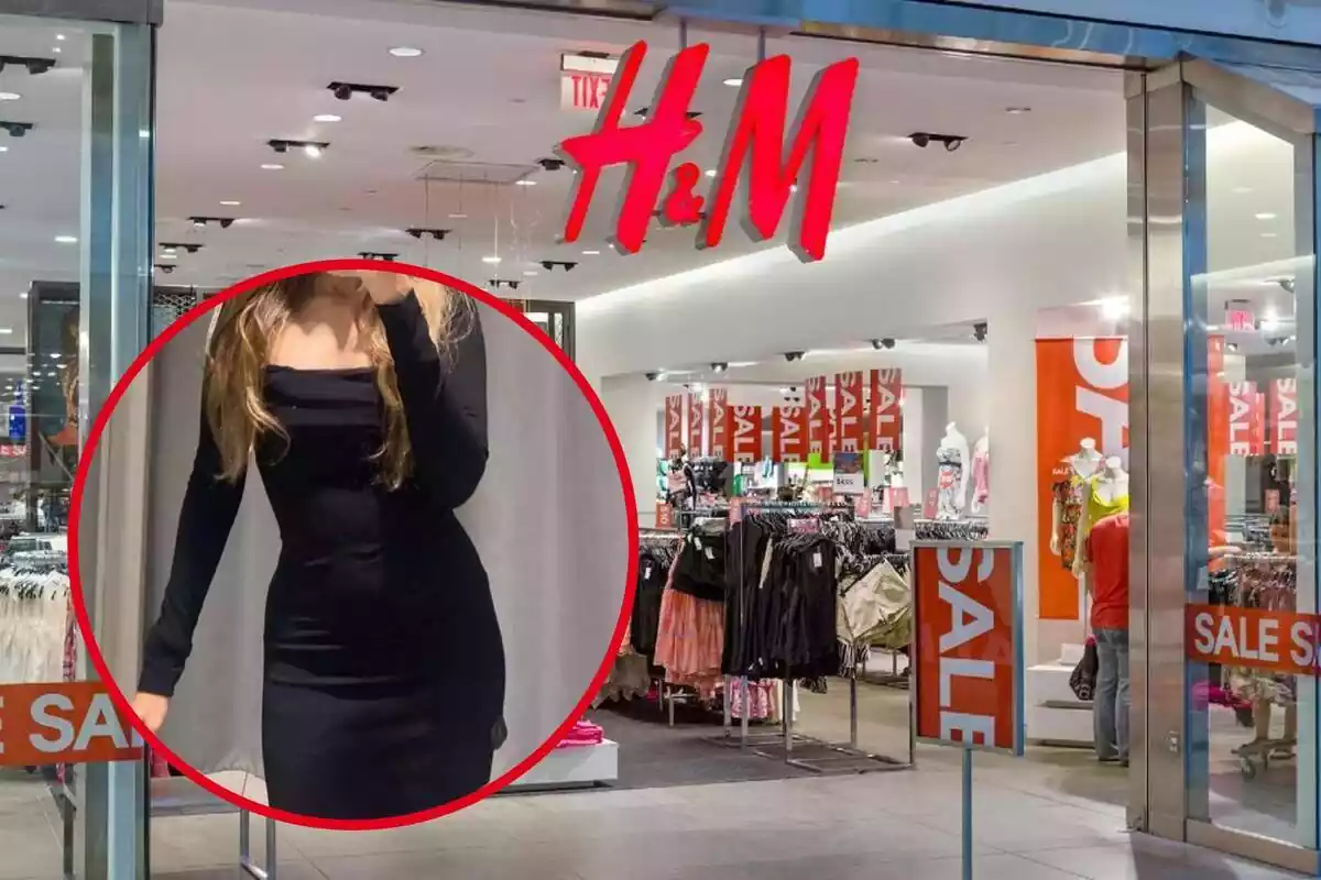 Montaje con tienda de H&M y círculo rojo con chica con vestido negro ajustado con escote cuadrado