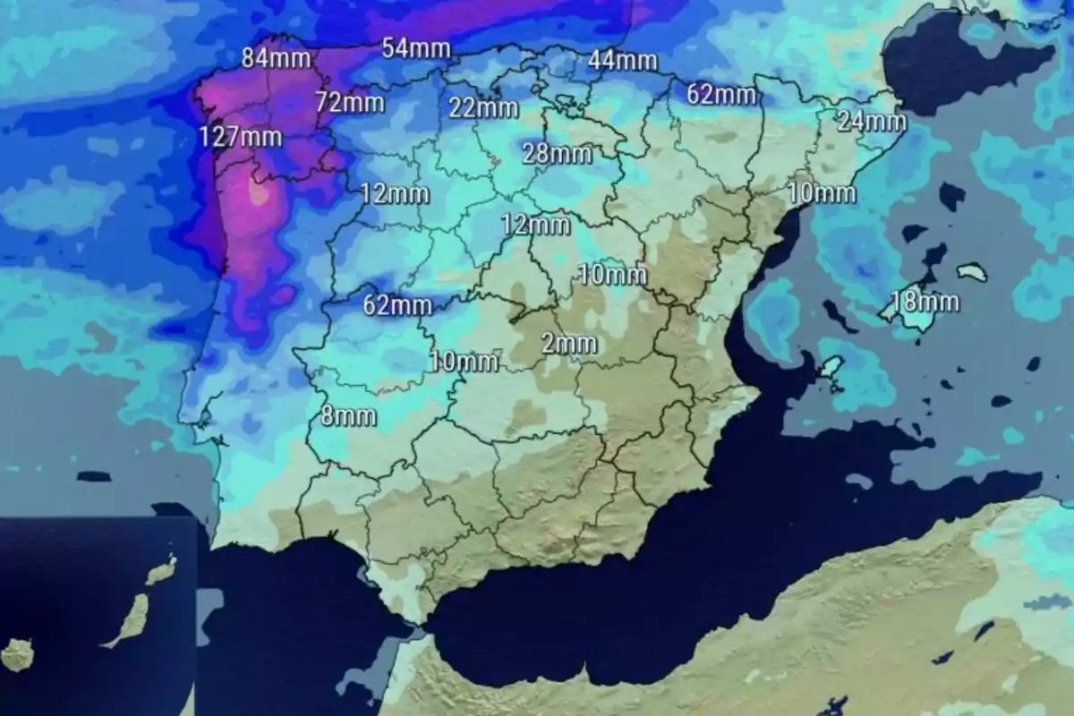 Mapa de precipitaciones en la Península Ibérica con valores en milímetros.