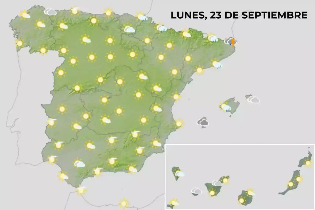 Mapa del tiempo para España el lunes 23 de septiembre, mostrando mayormente cielos despejados con algunas nubes dispersas y lluvias ligeras en el norte y las islas.