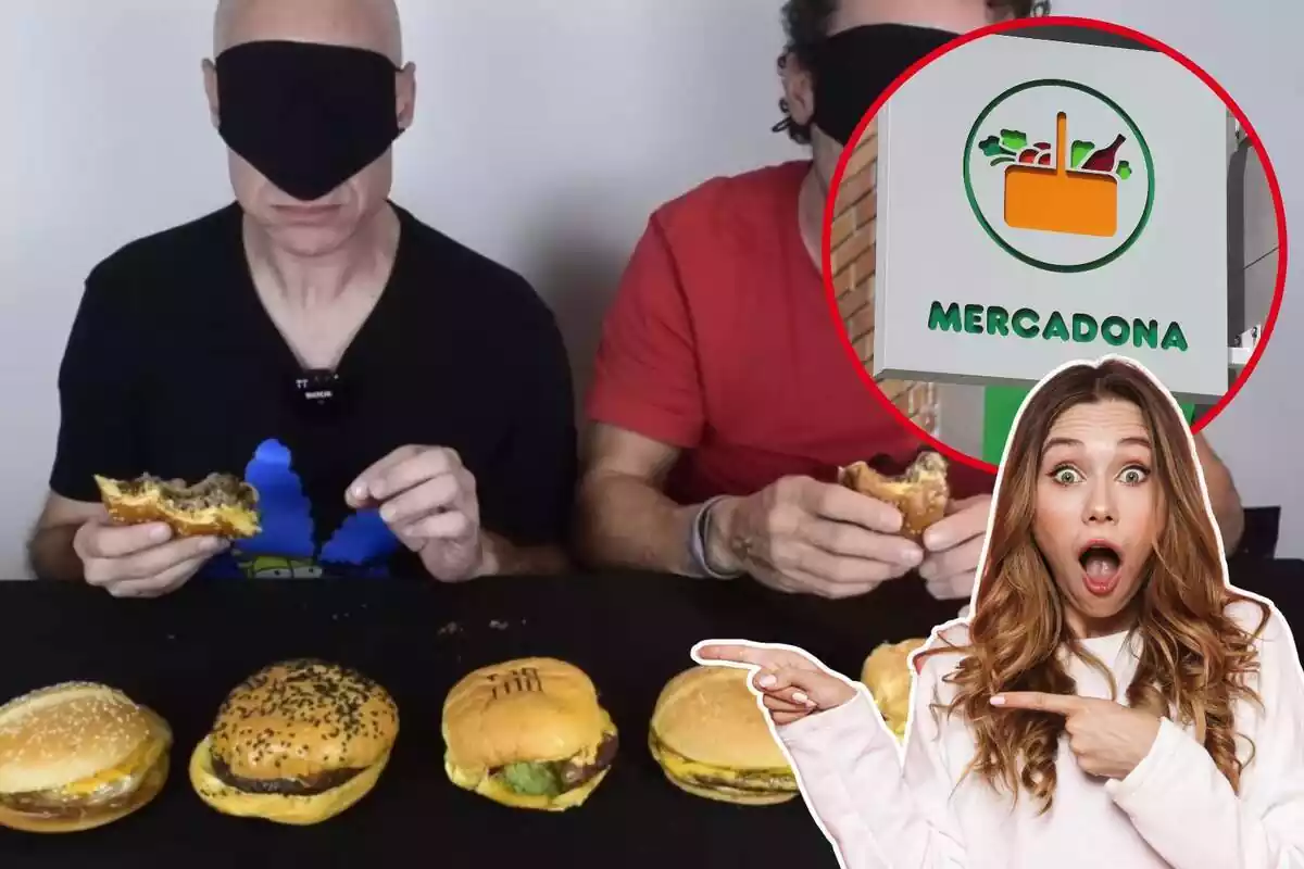Imagen de fondo del Youtuber Jimmy y su amigo José probando hamburguesas y itra del logo de Mercadona junto a una chica con gesto de sorpresa
