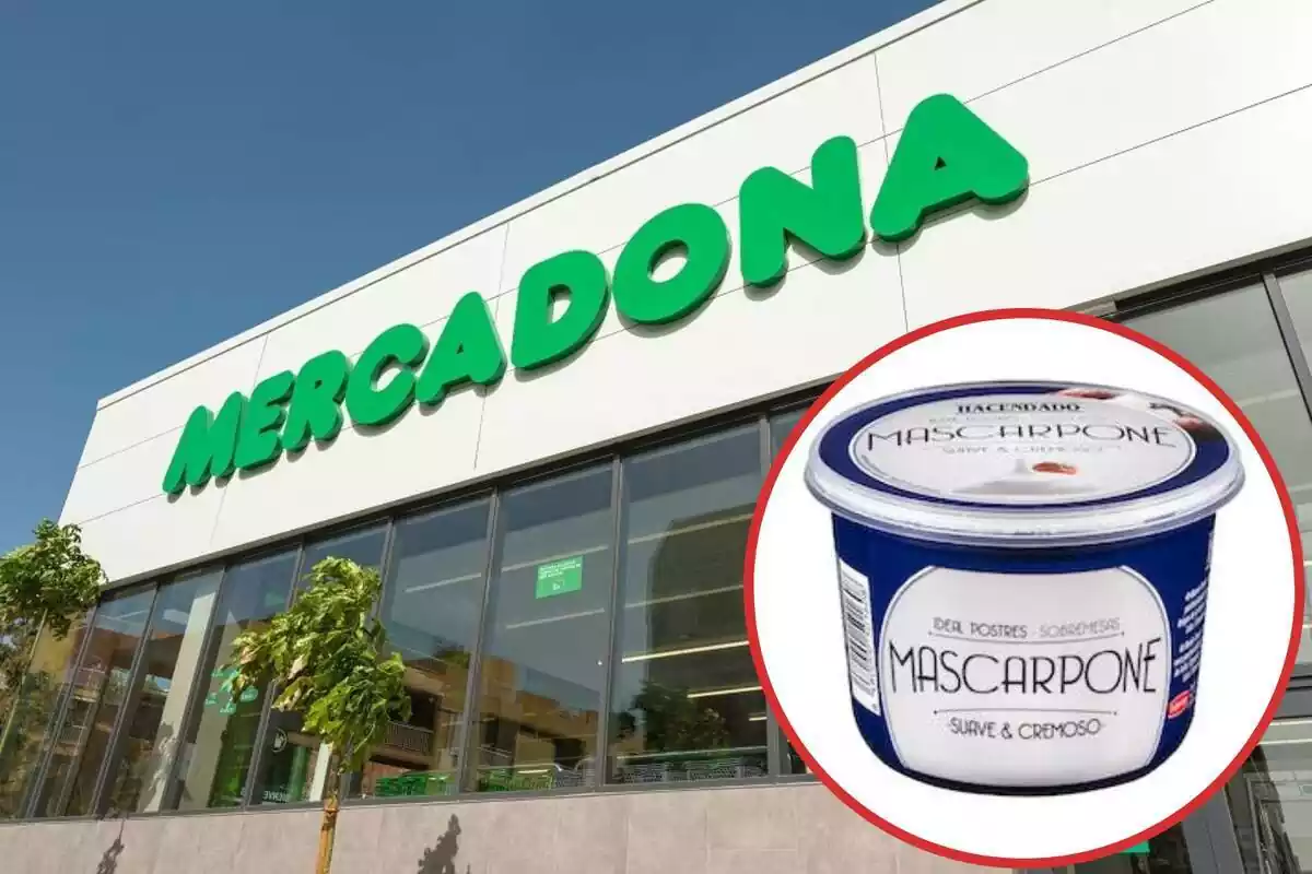 Montaje con fachada de un supermercado de Mercadona y en un círculo la tarrina de 400 gramos de queso mascarpone