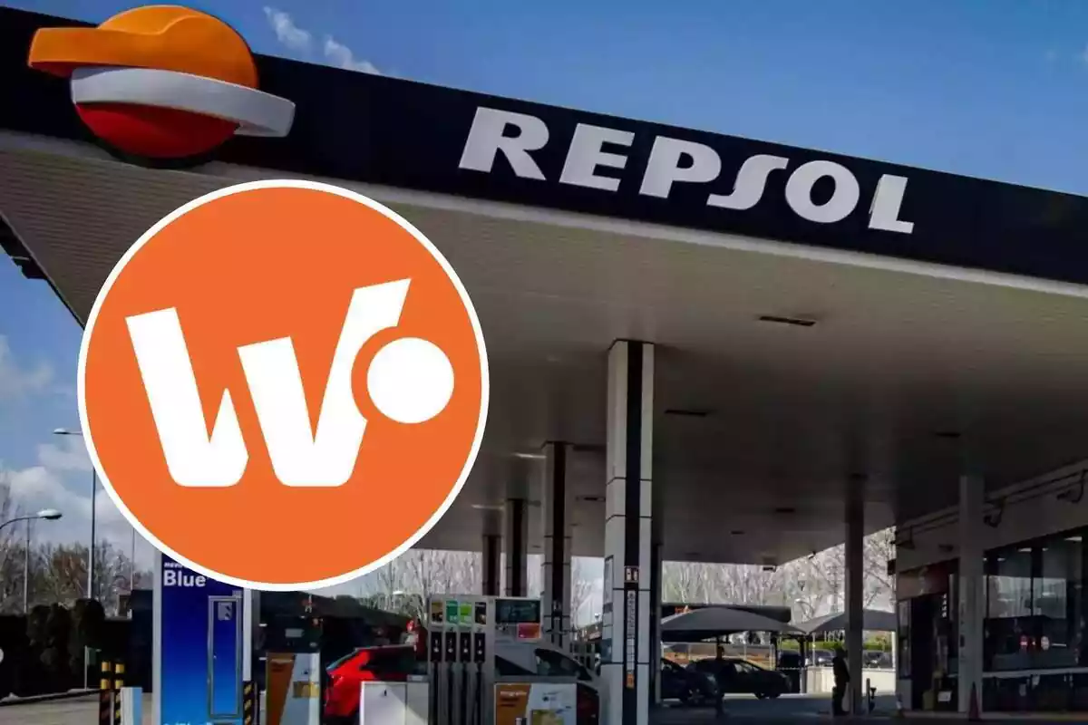 Montaje con una gasolinera de Repsol y el logo de su aplicación Waylet
