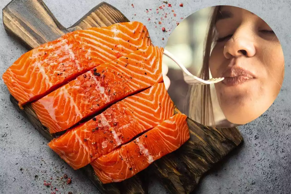 Montaje con una imagen de fondo de un salmón a trozos y de una chica comiendo con un tenedor
