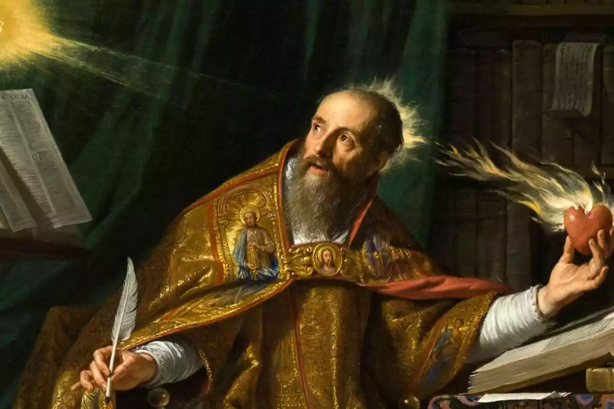 Retrato de San Agustín de Hipona con un corazón ardiendo con fuego en una mano y una pluma de escribir en otra