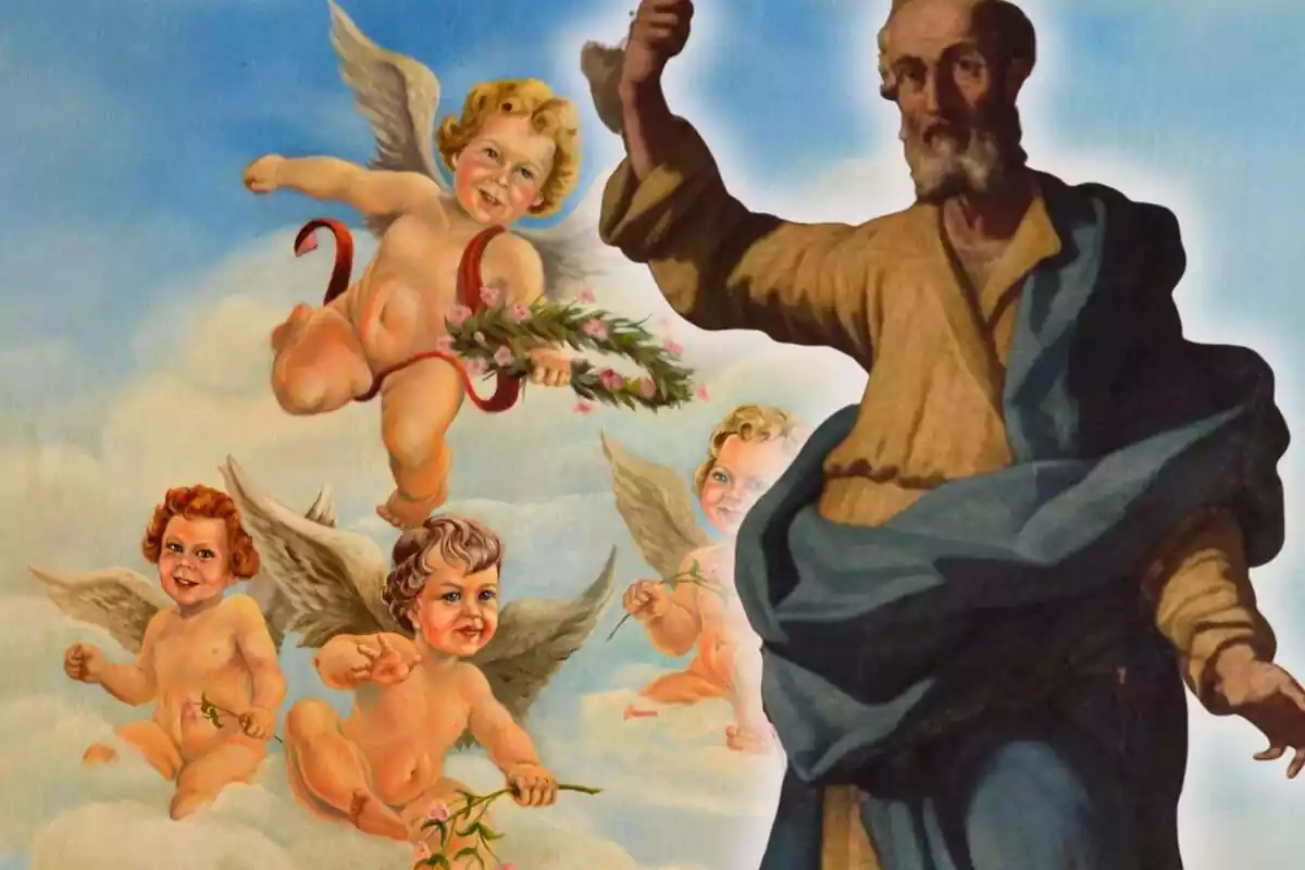 Montaje de retrato de ángeles católicos y San Asprenato de Nápoles