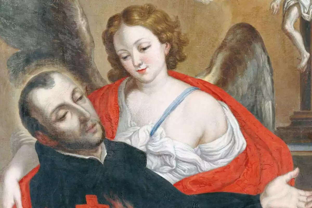 Retrato de San Camilo de Lelis con un ángel agarrándolo