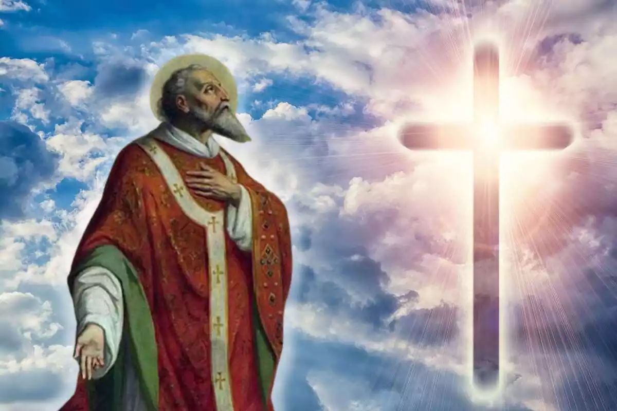 Montaje de un fondo del cielo cristiano y el retrato de la figura de San Eusebio el Papa