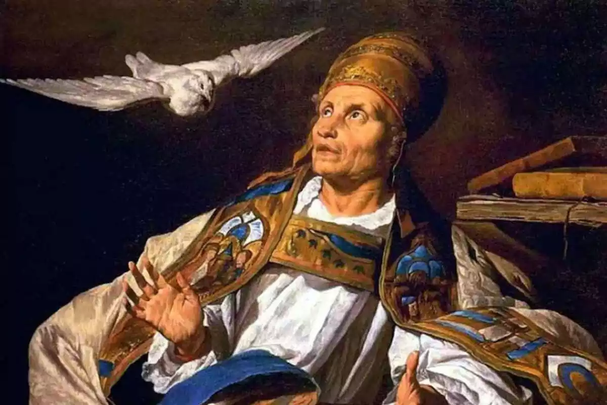 Retrato de San Gregorio Magno mirando una paloma blanca que tiene al lado