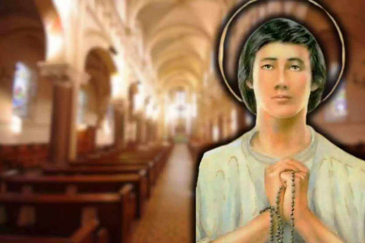 Retrato de San Lorenzo Ruiz con una iglesia de fondo