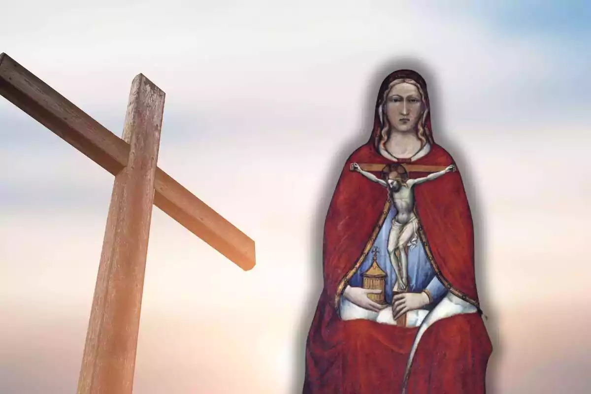 Montaje de una cruz y retrato de María Magdalena
