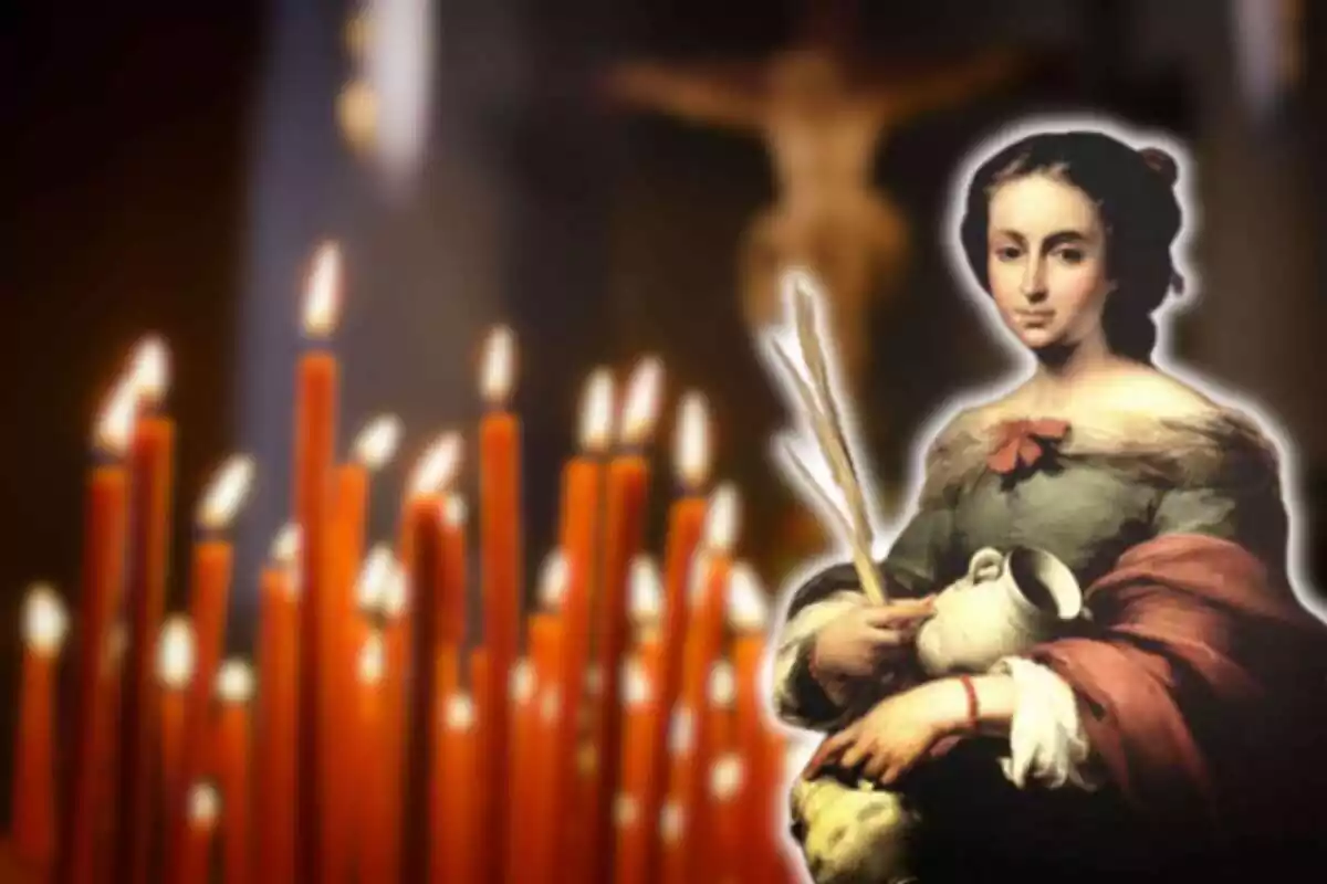 Montaje de unas velas en una iglesia y el retrato de Santa Regina Alesia