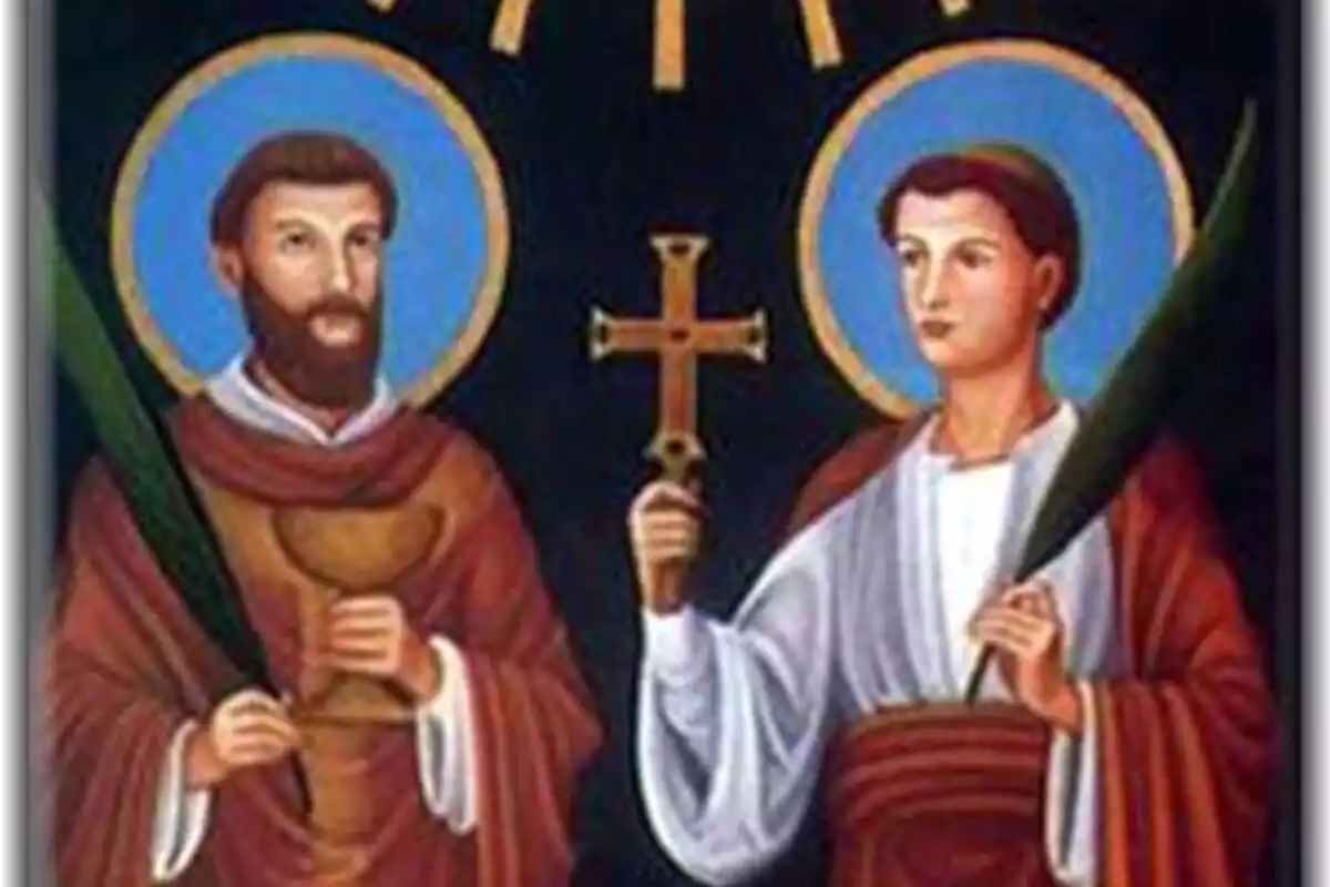Pintura de los santos Marcelino y Pedro, uno de ellos sosteniendo una cruz