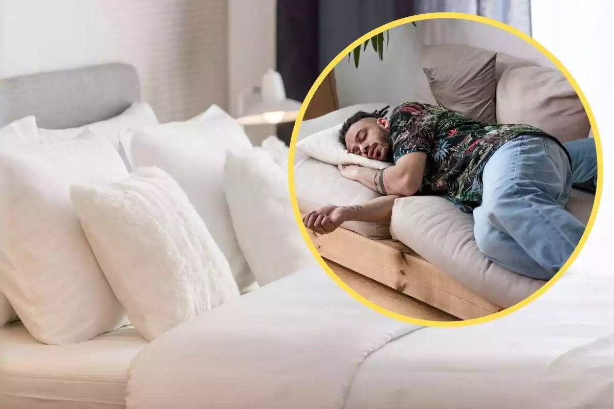 Montaje con una imagen de fondo de una cama hecha y otra imagen de un hombre durmiendo sobre un sofá