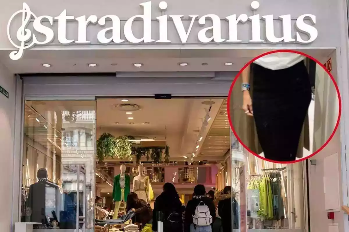 Imagen de fondo de una tienda Stradivarius y otra de una persona posando con una falda de punto negra