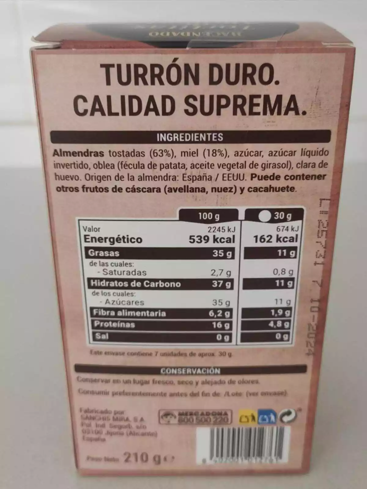 valores nutricionales de las tortitas de almendra de Mercadona tipo turrón