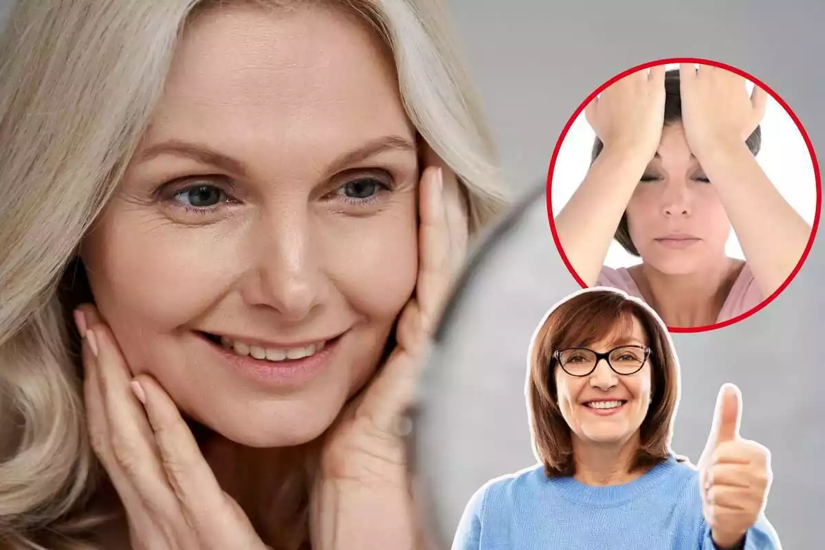 Imagen de una mujer mirándose a un espejo, otra de una mujer con gesto de aprobación y una tercera de una mujer masajeándose las cejas