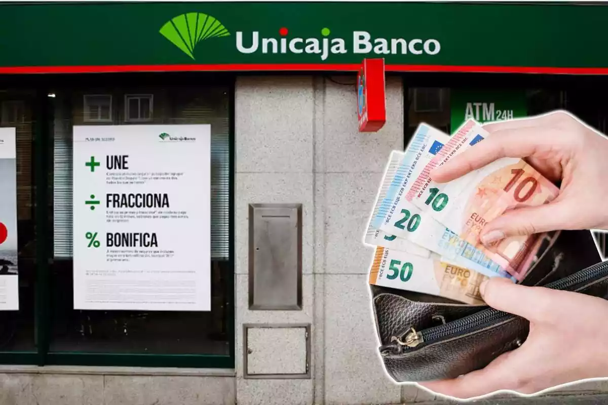 Manos sujetando cartera con billetes y Banco Unicaja