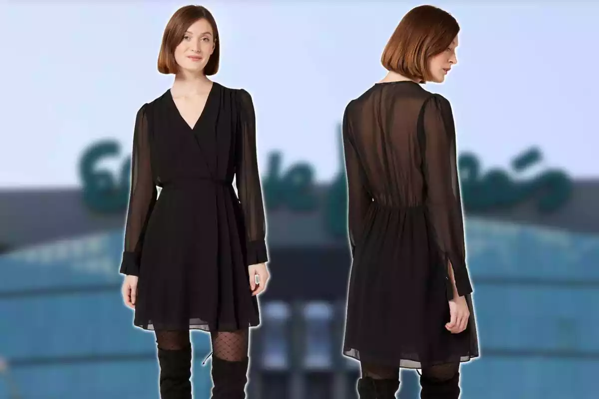 Modelo con vestido negro corto con escote de El Corte Inglés