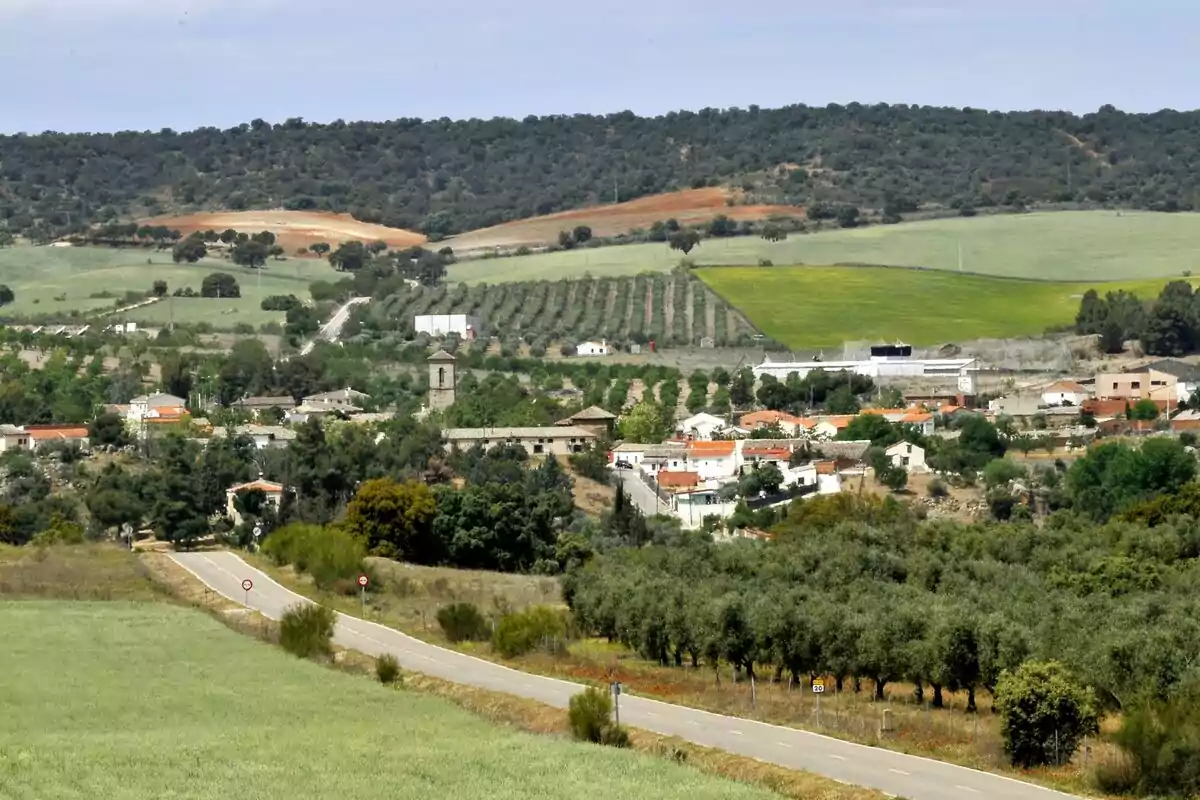 Vista panorámica de un pequeño pueblo rodeado de campos y colinas verdes.