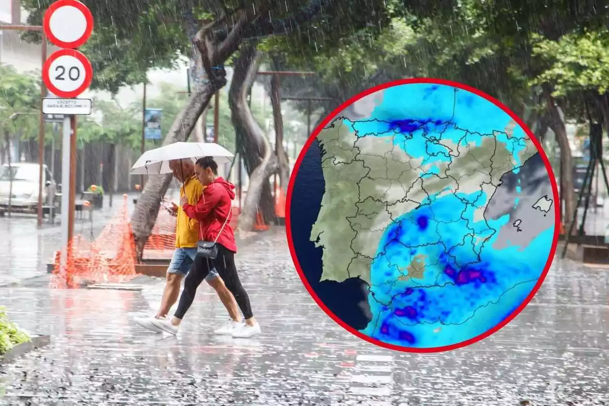 Montaje con una vista general de la calle, gente con paraguas y la DANA que traerá lluvias