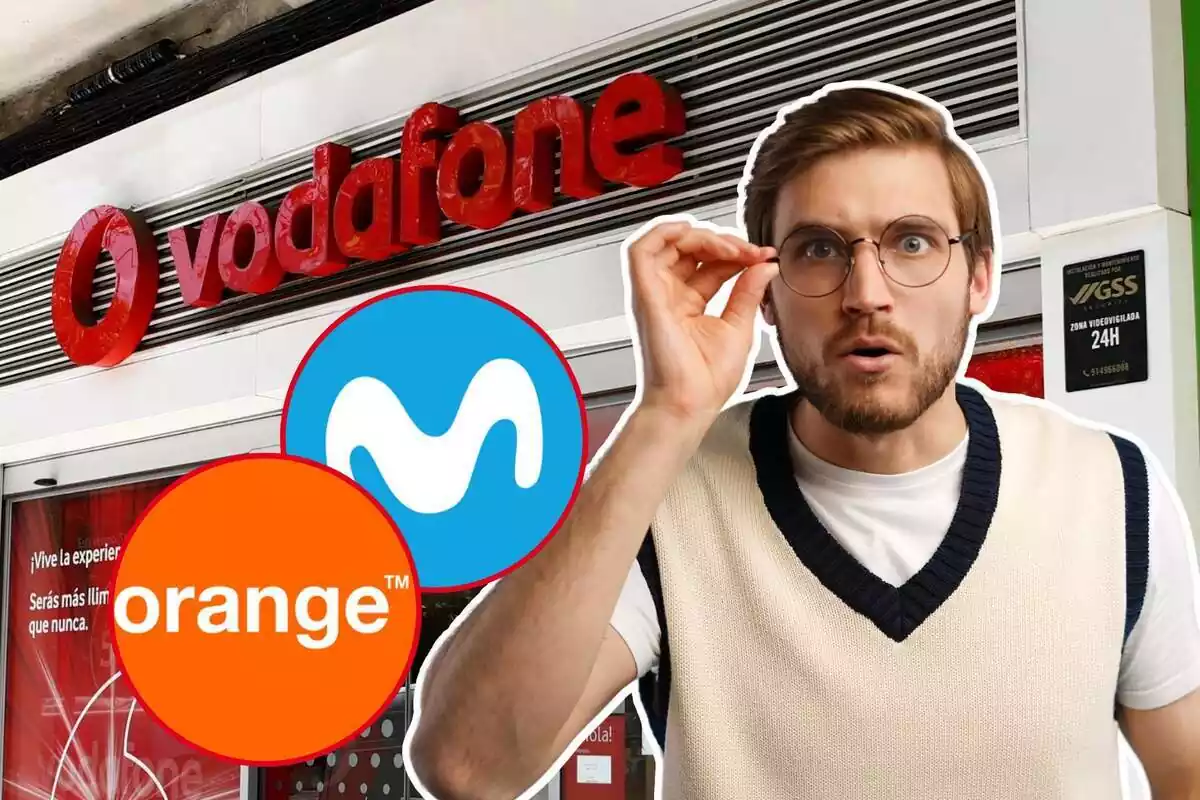 Montaje con una tienda de Vodafone y una persona sorprendida, además de los logos de Orange y Movistar