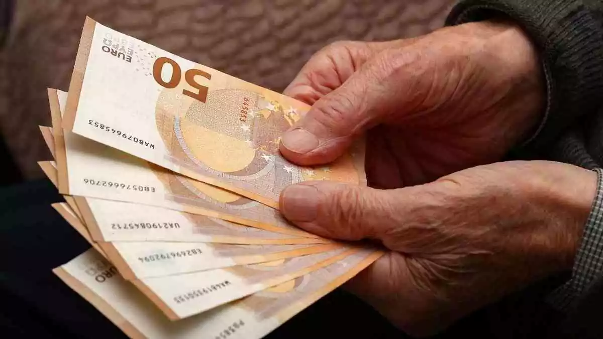 Una persona mayor sosteniendo en sus manos billetes de 50 euros